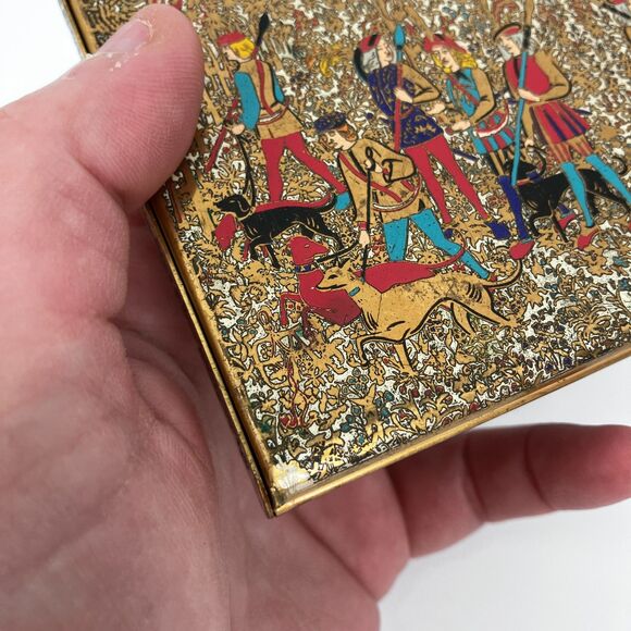 Vintage Volupte Gold Tone Enameled Hunting Scene Cigarette Case, Made in USA - Picture 7 of 10